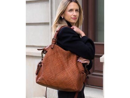 MARCO MAZZINI Camel Kožená pletená shopper kabelka
