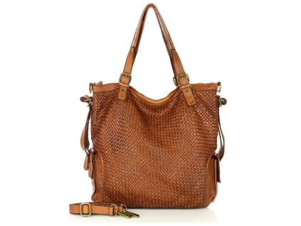 Miejska torebka z regulowanymi rączkami shopper pleciona skóra handmade - MARCO MAZZINI brąz karmel
