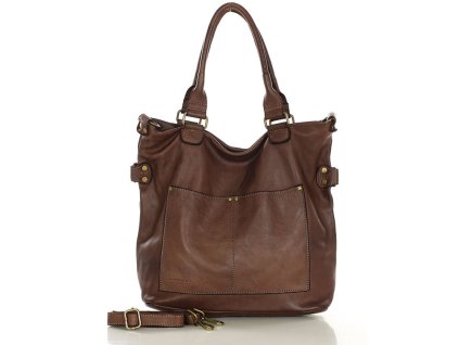 Torebka skórzana XL shopper vintage bag z kieszeniami vera pelle - MARCO MAZZINI czekoladowy brąz