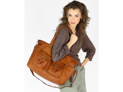 Torba skórzana shopper XL na ramię z dwoma kieszeniami MARCO MAZZINI brąz camel