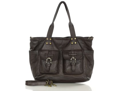 Torba skórzana shopper XL na ramię z dwoma kieszeniami MARCO MAZZINI ciemny brąz
