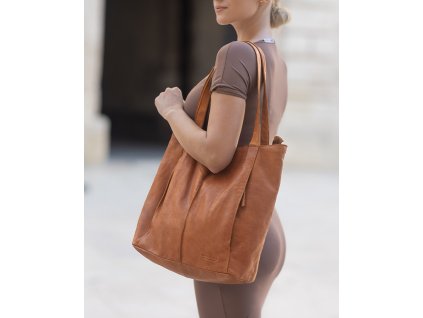 Miękka torba typu shopper skórzana na ramię - MARCO MAZZINI - brąz camel