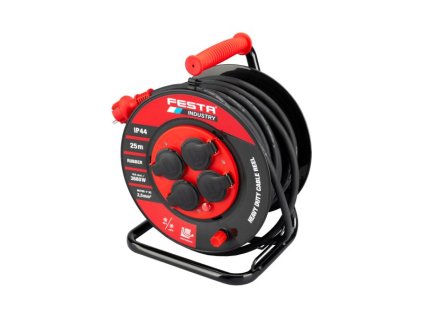 Kabel prodlužovací na bubnu venkovní FESTA INDUSTRY 3x2.5mm 25m 230V max 3680W 4 zásuvky guma-neoprén IP44