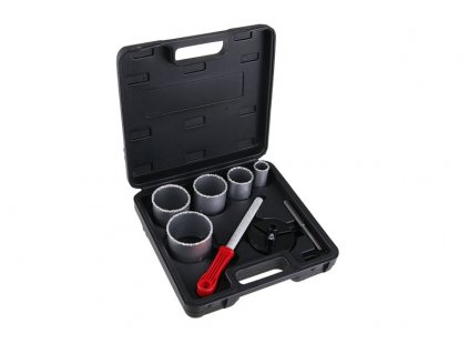 Sada karbidových vykružovacích korunek 33-83mm s pilníkem, plastový kufr