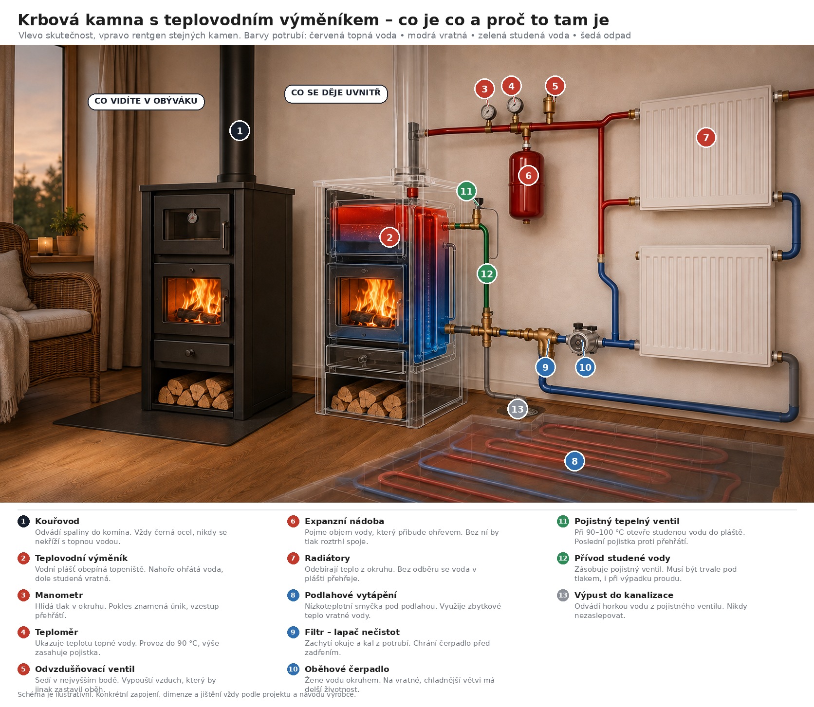 Schéma zapojení kamen s teplovodním výměníkem