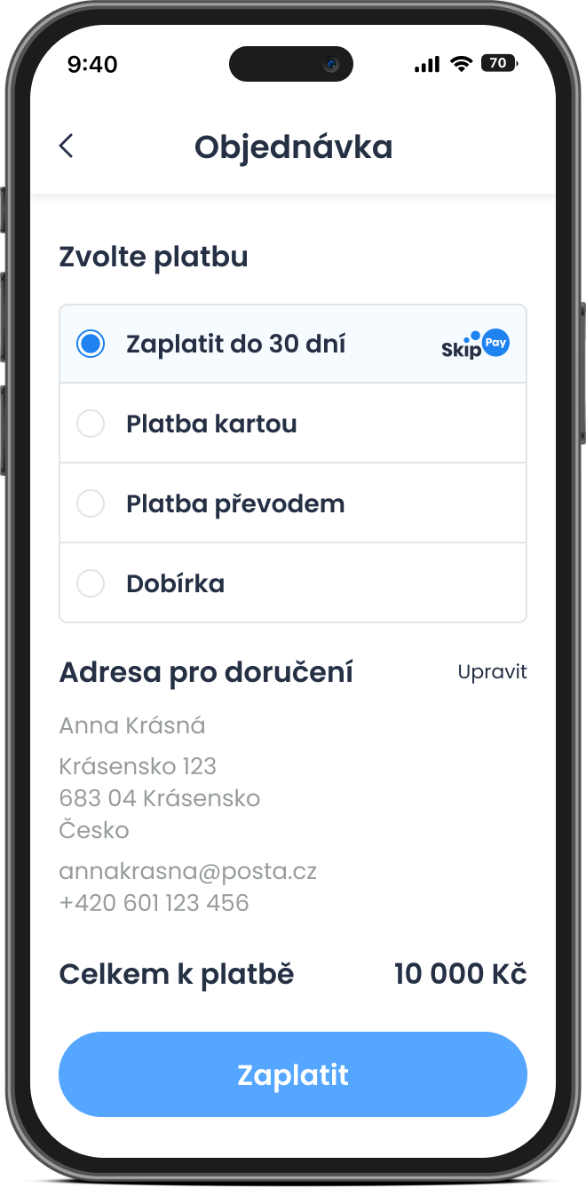 Výběr platby Skip Pay v košíku