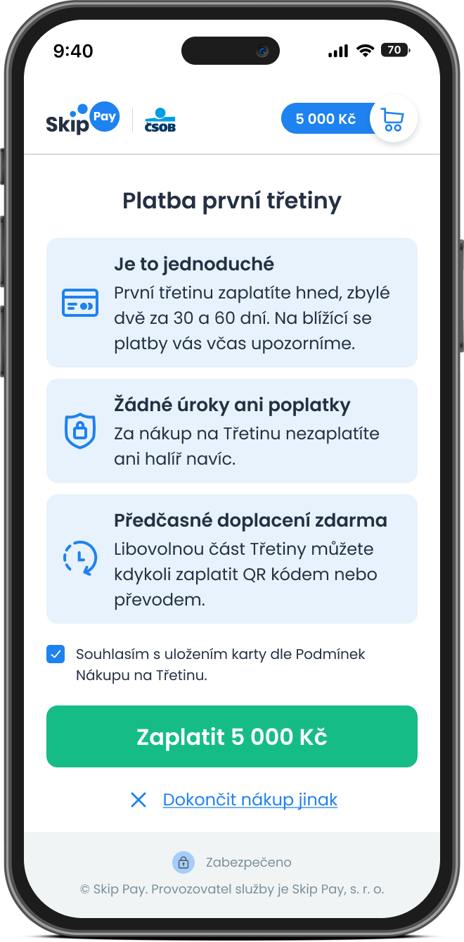 Platba první třetiny kartou