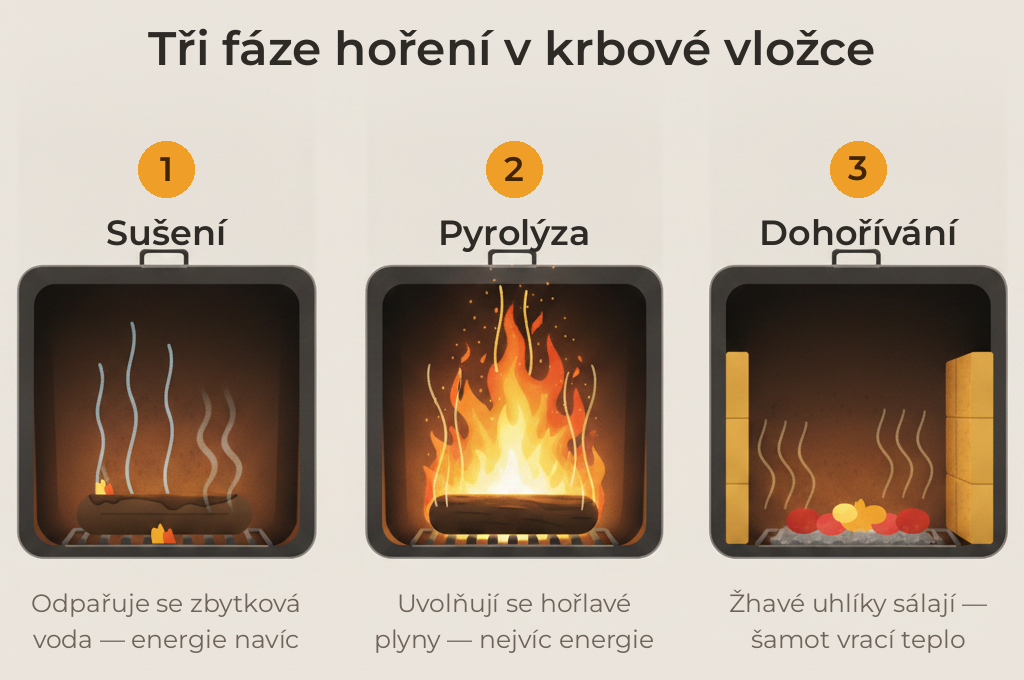 Tři fáze hoření v krbové vložce: sušení, pyrolýza, dohořívání