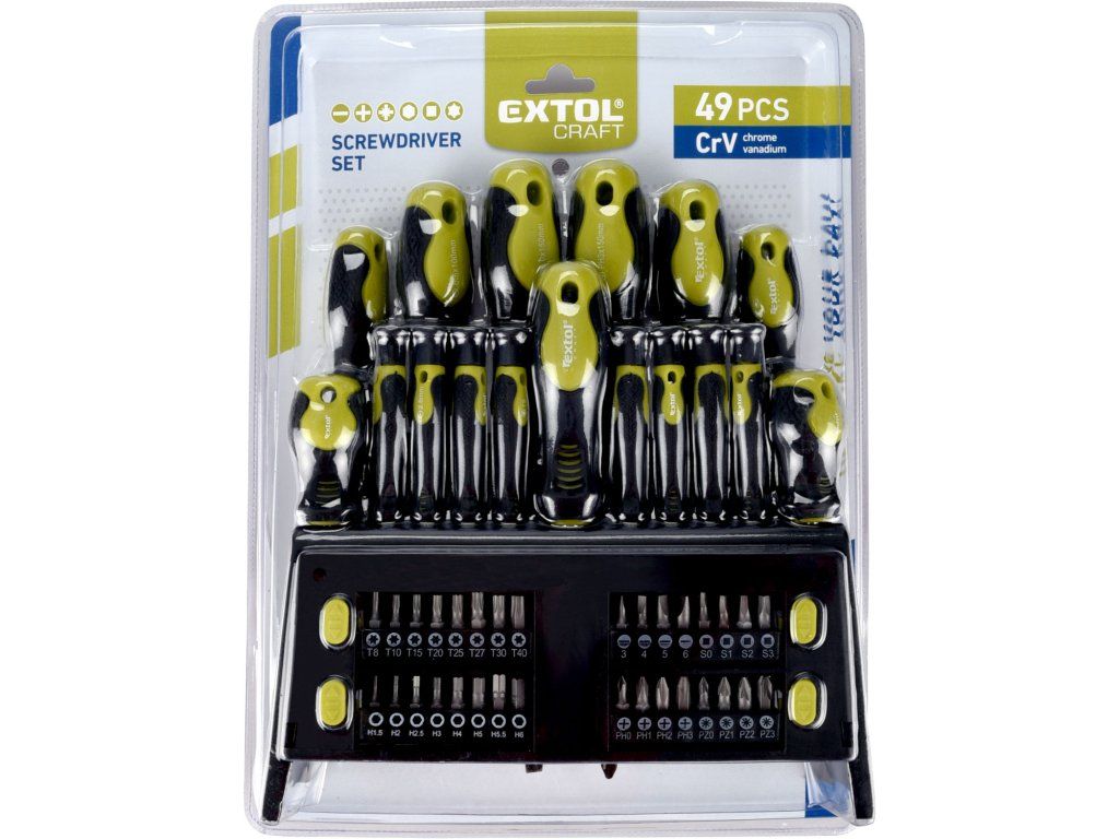 Detail bitů a šroubováků sady 49ks — CrV magnetická čepel, stojánek