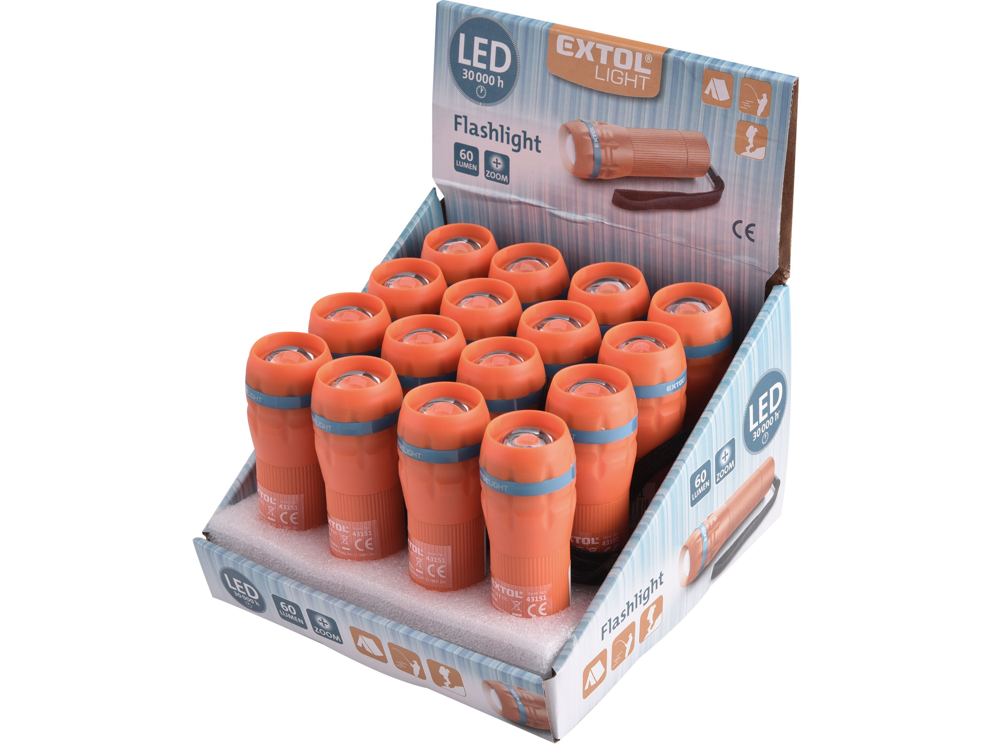 EXTOL LIGHT svítilna 60lm — detail zoomu a těla svítilny, pohled zboku