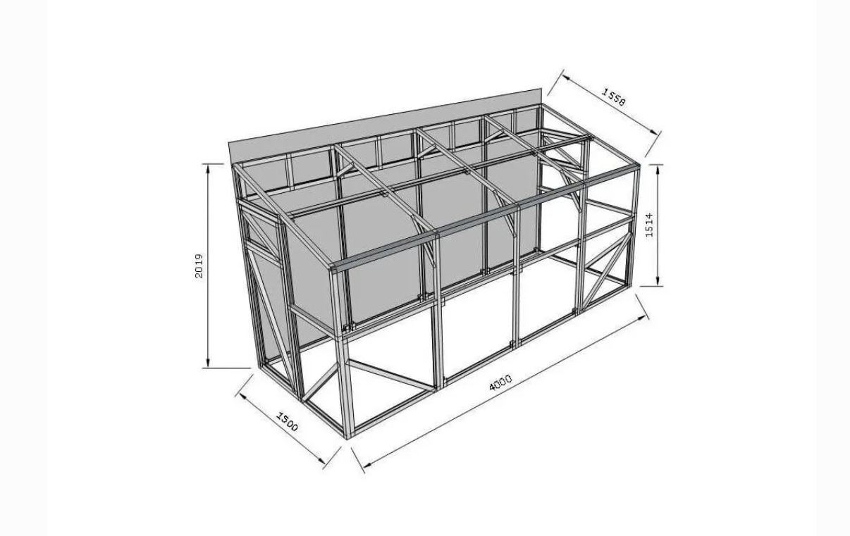 WEIS-A skleník ke stěně — detail ocelové konstrukce profil U 40×40 mm, laserově řezané díly