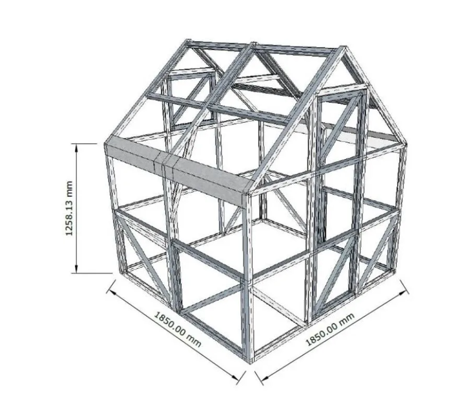 MICRO 1,85×1,85 m — detail ocelové konstrukce profil U 40×40 mm, laserově řezané díly