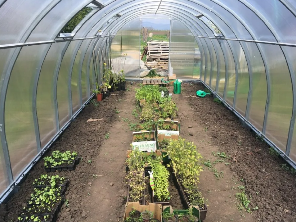 FRUX skleník — pohled na svařená čela a montáž základny