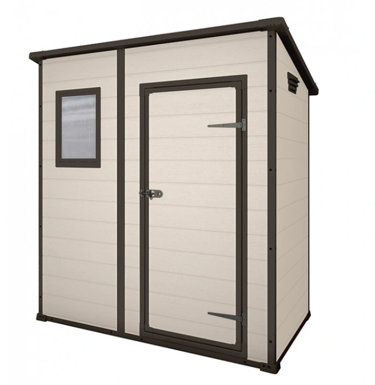 Zahradní domek Keter Manor Pent 6×4 béžový — 205×117×126 cm, pohled zepředu