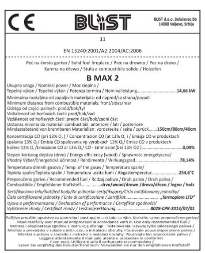 Krbová kamna BLIST B MAX 1 — pohled na celá kamna ve volně stojícím provedení