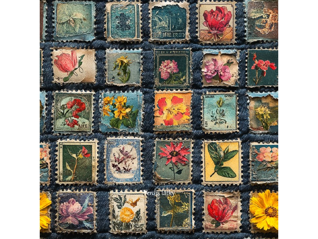veronika 37383 our old plant postage stamps sewn on denim fabri a8c914e8 b286 45a0 9906 a5eb41e8fb7b
