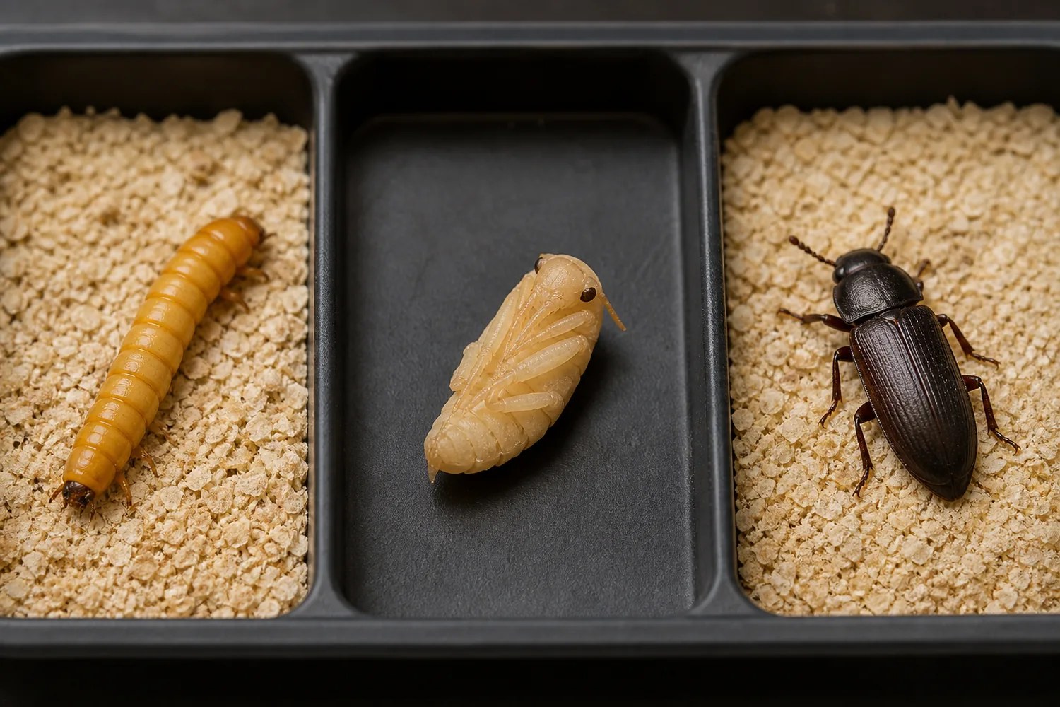 Larva, kukla a dospělý potemník moučný ve třech čistých částech chovného plata