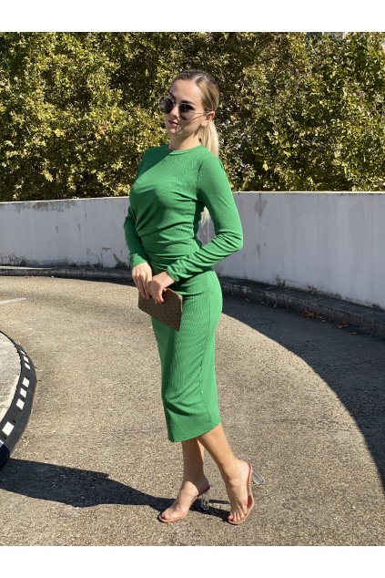Žebrované šaty s dlouhým rukávem / Green