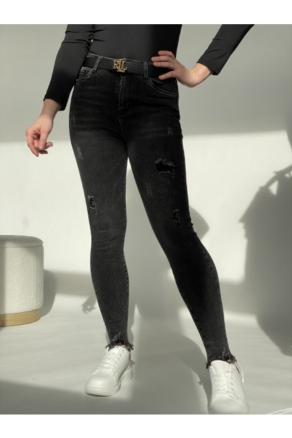 Skinny jeansy mírně trhané / šedo černé