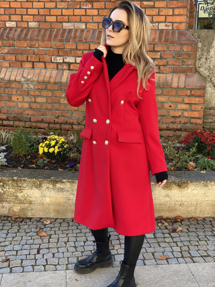 Flaušový kabát s ozdobnými knoflíky / Bright red