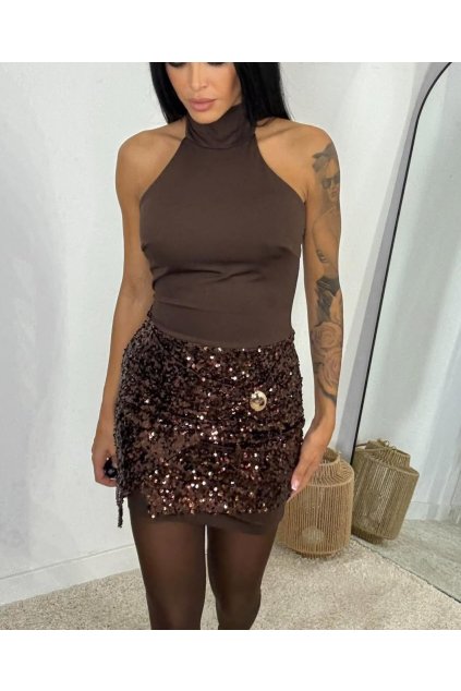 Hnědé halter mini šaty s třpytivou sukní