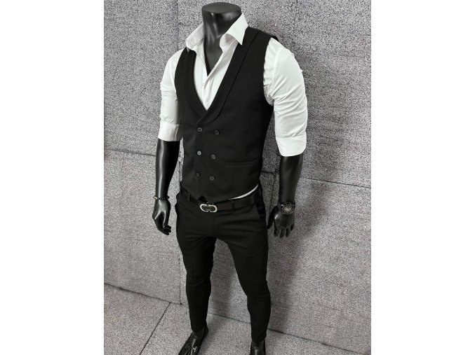 Pánský oblek v  černé barvě ,střih je slim fit stylový moderní střih a kombinace. Společenský komplet