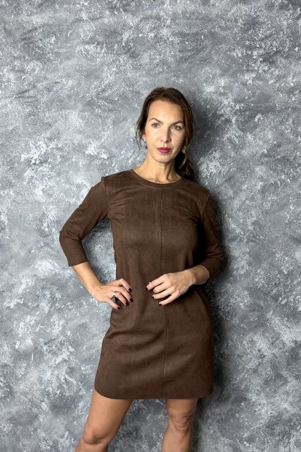 Semišové šaty 3/4 rukáv - hnědé