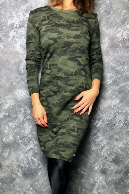 Maskáčové šaty s dlouhým rukávem - khaki, velikost M