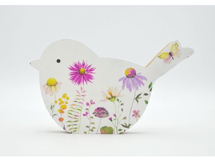 Pták dřevo potisk luční kvítí 12cm bílý