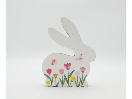 Zajíc dřevo s potiskem tulipánů 16cm