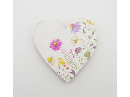 Srdce dřevo potisk luční kvítí 13cm bílé