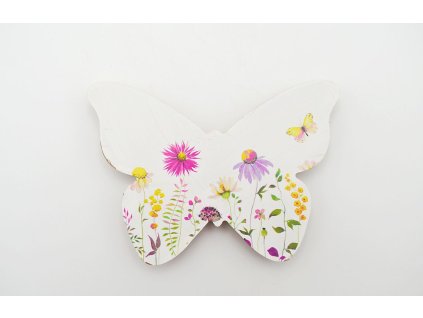 Motýl dřevo potisk luční kvítí 13cm bílý