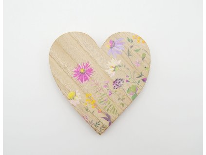 Srdce dřevo potisk luční kvítí 16,5cm přírodní
