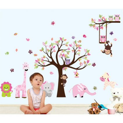 Samolepka na stenu Ružový strom s hojdačkou a zvieratkami zo Zoo