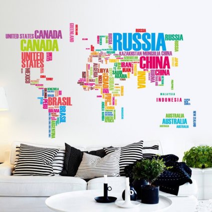 Samolepka na stenu farebná mapa Sveta