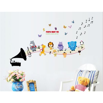 Samolepka na stenu Detský gramofón so zvieratkami