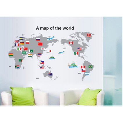 Samolepka na zeď Mapa Světa s vlajkami