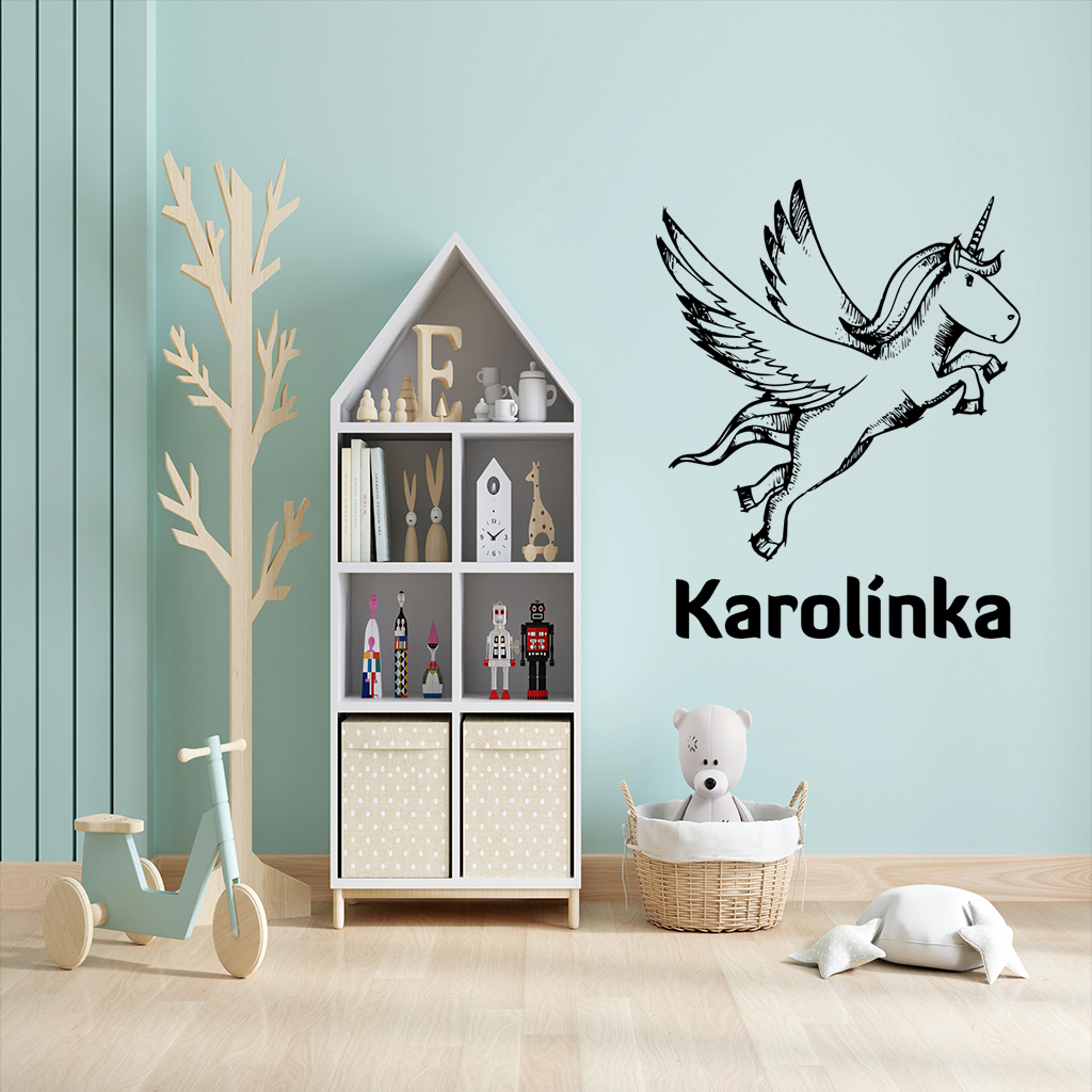 Samolepka Jednorožec s menom Farba: černá, Veľkosť: 100 x 79 cm