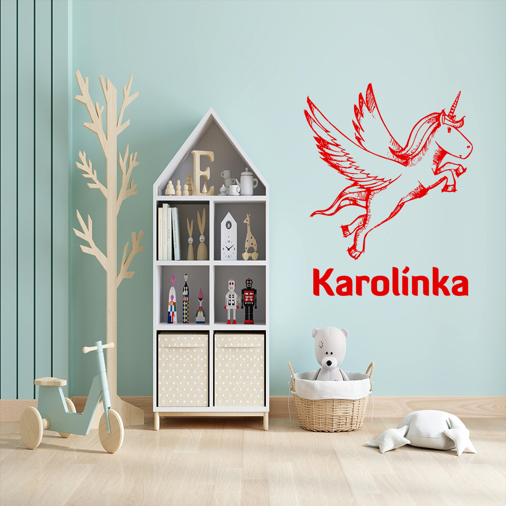 Samolepka Jednorožec s menom Farba: červená, Veľkosť: 100 x 79 cm