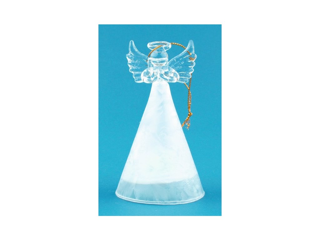 Anděl skleněný s bílou sukní a LED 10 cm