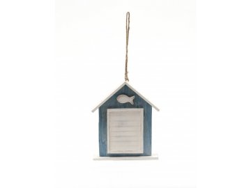 Závěsná dekorace domeček s rybičkou modrobílý 18,5x15,5x3cm