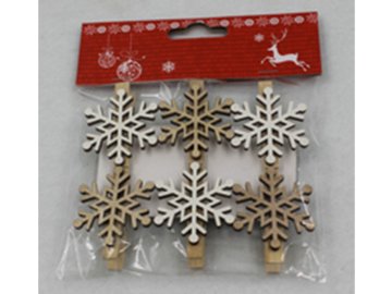 Vločka, vánoční dřevěná dekorace na kolíčku, 6 kusů v sáčku, cena za 1 sáček