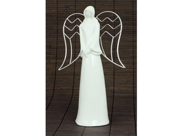 Anděl, porcelánová dekorace s kovovými křídly