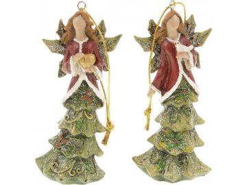 Anděl se stromečkovou sukní, vánoční dekorace na zavěšení z polyresinu, mix 2 druhů, cena za 1 kus