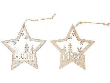 Hvězdička, vánoční dřevěná dekorace na zavěšení, v sáčku 2 kusy, cena za 1 sáček