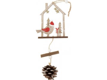 Ptáček s domečekem, vánoční dřevěná dekorace na zavěšení, v sáčku 1 kus.
