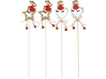 Hvězdička nebo srdíčko s andělíčkem, vánoční dřevěná dekorace zápich, v sáčku 2 kusy