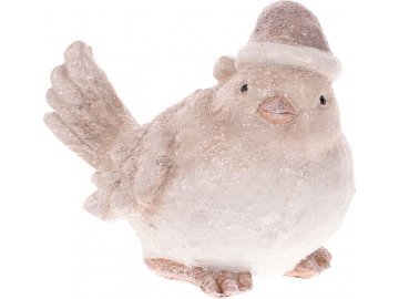Ptáček s čepicí, zimní dekorace z polyresinu