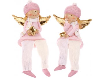 Andělíček se zlatými křídly, sedící, nohy z textilu, polyresinová dekorace, růžo