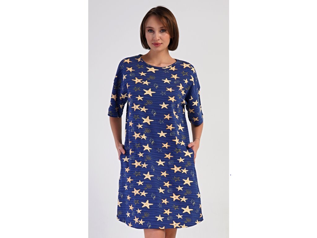 Dámske domáce šaty s trojštvrťovým rukávom Hviezdy (Varianta tmavě modrá; 1XL)